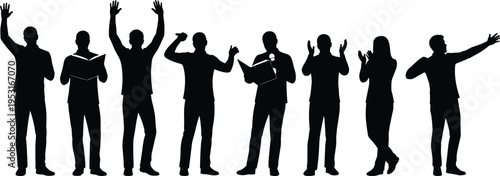 WebChoir Silhouettes Set of People Singing and Worshiping with Raised Hands for Church Music Concert Gospel Performance and Religious Community Events