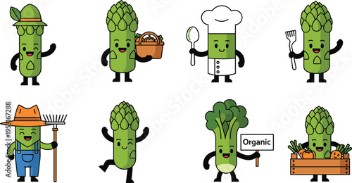Cute Asparagus Character Flat Vector Icon Set Featuring Farmer, Chef, Organic Vegetable Mascots, and Healthy Food Cartoon Collection Isolated on White Background