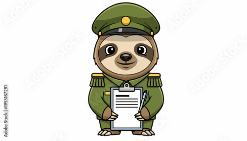 Adorable cartoon sloth character dressed in a detailed military general's uniform, diligently holding a clipboard and pen, ready for official duties and strategic planning