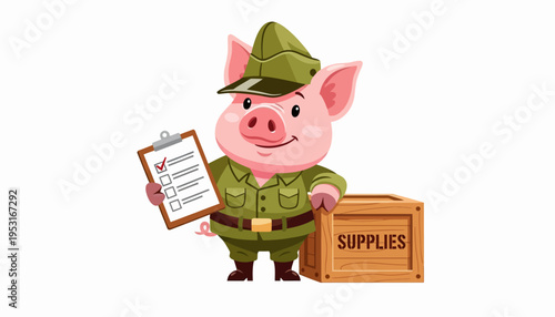 Military pig in uniform holding a checklist and standing next to a wooden crate labeled supplies