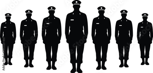 WebMilitary soldier silhouette set, army officers in uniform standing in line, security guards, patriotic veterans group, brave personnel vector.