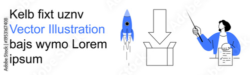 Innovation, creativity, education, guidance, problem-solving, teamwork. Blue rocket, box with arrow person presenting with a document. Innovation and creativity concepts illustrated