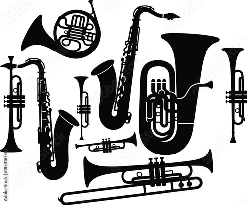 WebMusical brass and woodwind instruments silhouette collection, trumpet, saxophone, tuba, french horn, trombone, jazz band orchestra elements, black vector, elegant.