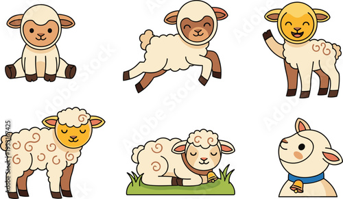 Cute Lamb Cartoon Character Flat Vector Icon Set Featuring Baby Sheep Sitting, Jumping, Sleeping, and Smiling Farm Animal Illustrations Isolated on White Background
