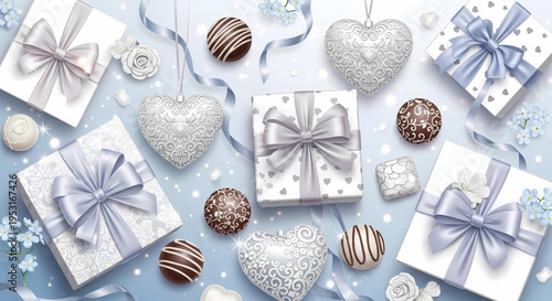 Elegant collection of festive gift boxes and heart-shaped ornaments adorned with satin ribbons, set against a soft, dreamy blue background, perfect for celebrations