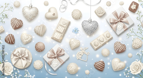 Luxurious assortment of white chocolate candies, elegant gift boxes, and shimmering decorations, perfect for a romantic celebration or sweet festive occasion