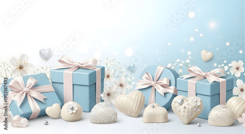 Elegant Assortment of Valentine's Day Gift Boxes and Heart-Shaped Chocolates with Delicate Flower Accents