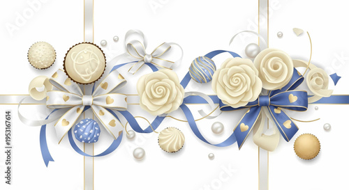 Elegant festive ribbon and bow arrangement featuring delicate white roses, shimmering pearls, and delectable sweet treats, perfect for special celebrations and refined decorative projects
