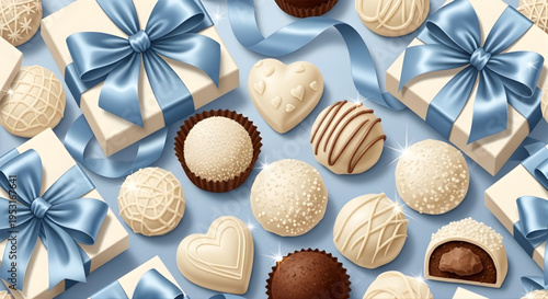 Beautifully arranged assorted chocolates and gift boxes with blue ribbon bows, perfect for celebrations and special occasions