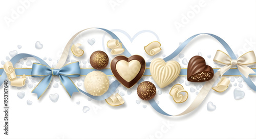 A delightful arrangement of assorted chocolates, featuring heart-shaped and swirl confections adorned with elegant ribbons and small pearl accents