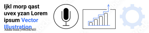 Communication, business growth, technology, analytics, data solutions, innovation. Black microphone, bar chart with growth arrow and gear icon. Communication and business growth concepts