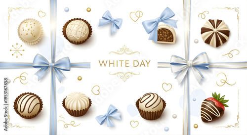 Elegant White Day Celebration with Assorted Chocolates and Ribbons, Featuring Sweet Treats for a Special Occasion