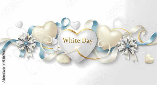 Sweet White Day festive composition featuring cream hearts, shimmering ribbons, and delicate bows, perfect for expressing affection and gratitude