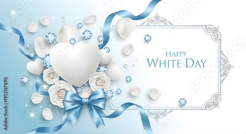 Romantic holiday background with delicate white hearts, blooming roses, and sparkling gems, adorned with elegant blue ribbons for a sweet celebration