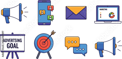 Digital Marketing and Online Advertising Icon Set Vector Illustration with Megaphone Promotion Email Campaign Social Media Messaging Target Goal and Analytics