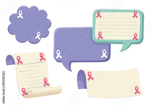 Breast Cancer Awareness Ribbons. Speech Bubbles and Notes. Cartoon Illustration. Graphic Design Elements.