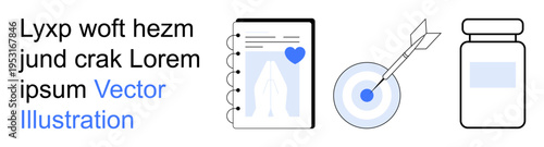 Healthcare, medical planning, goal setting, pharmacy services, health progress, prescription management. Notebook with health icon, target with arrow medicine bottle. Healthcare and medical planning