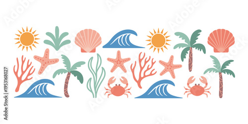 Ocean and Beach Elements Set – Sea Life, Coral, Palm Trees and Summer Vector Collection