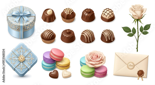 An assortment of gourmet chocolates, delicate macarons, a lovely rose, and a sealed envelope, perfect for gifting or special occasions