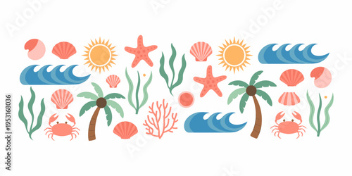 Ocean and Beach Elements Set – Sea Life, Coral, Palm Trees and Summer Vector Collection