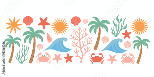 Ocean and Beach Elements Set – Sea Life, Coral, Palm Trees and Summer Vector Collection