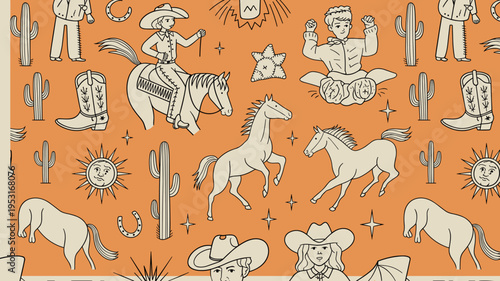 Western Cowboy Icons Set – Wild West Horses, Boots and Ranch Vector Illustration Collection