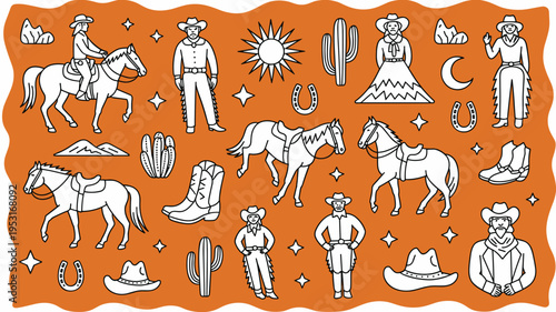 Western Cowboy Icons Set – Wild West Horses, Boots and Ranch Vector Illustration Collection