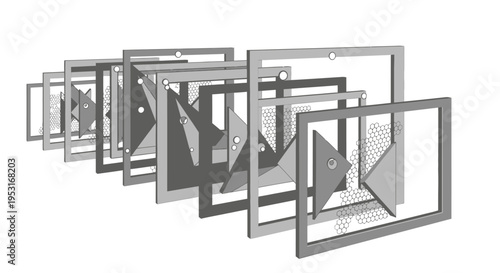 Abstract 3D frames with varying transparency and depth.