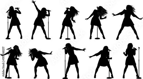 singer, silhouette, female, microphone, performance, music, concert, stage, artist, vocal, entertainment, dancing, pose, black, vector, illustration, set, collection, show, energy