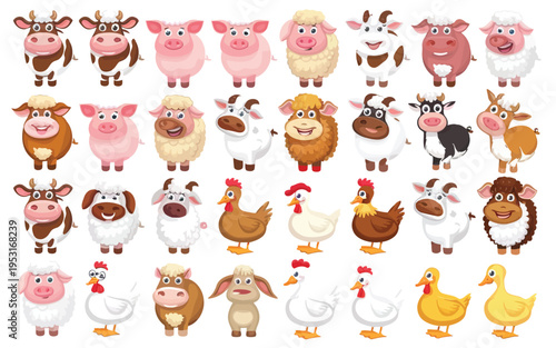 Colorful assortment of farm animals and poultry in a playful cartoon style Vector