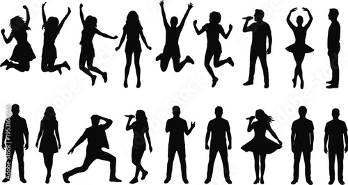People silhouettes dancing singing jumping posing collection men women performers lifestyle activity black isolated vector illustration set