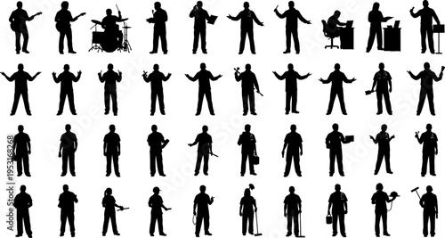 People silhouettes professions set workers occupations characters men jobs tools uniform business industry construction vector collection