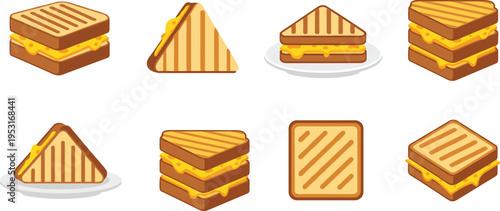 Grilled Sandwich and Toast Flat Vector Icon Set Featuring Cheese Filled Bread, Triangle Sandwiches, and Crispy Toasts Isolated on White Background for Food Design