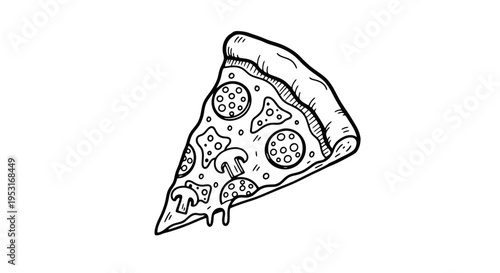 Black and white line art slice of pizza with pepperoni and mushrooms