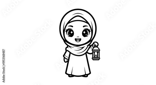Cute Muslim girl in hijab holding lantern, black and white line art
