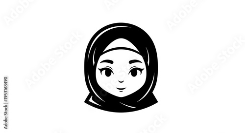 Black and White Cartoon Girl Wearing Hijab Icon