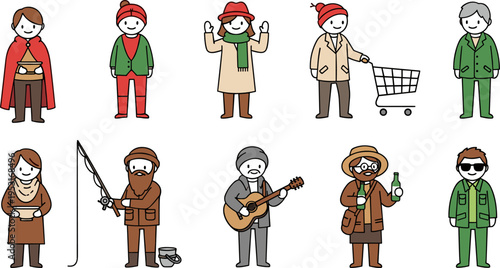 people, characters, cartoon, lifestyle, occupations, hobbies, fishing, shopping, music, winter, casual, men, women, illustration, simple, flat, diverse, activities, everyday, set