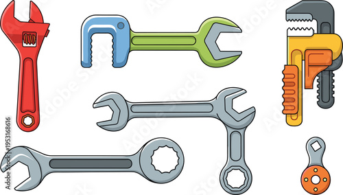 Hand Tools Wrench and Plumbing Tool Set Vector Illustration with Adjustable Spanner Pipe Wrench Clamp and Repair Maintenance Equipment Icons