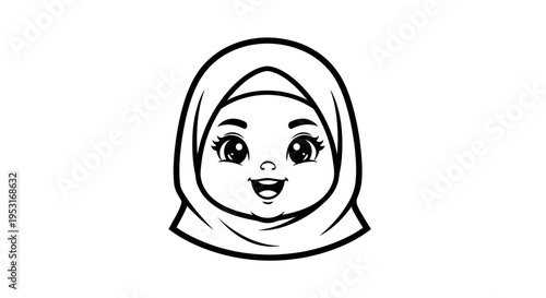 Cute baby girl wearing hijab, black and white line art illustration