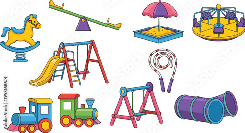 Kids playground equipment set, swing, slide, seesaw, carousel, sandbox, rocking horse, cartoon park play objects illustration