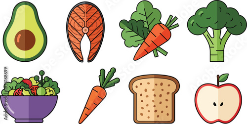 Healthy Food and Nutrition Icon Set Vector Illustration with Avocado Salmon Carrot Broccoli Salad Bread and Apple for Organic Diet and Wellness Design