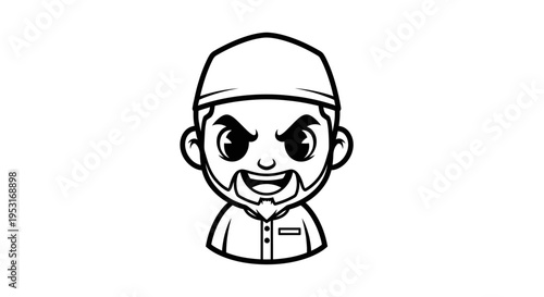 Cartoon Imam Wearing Kufi, Black and White Line Art