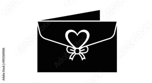 Black  white icon of an envelope with heart and bow, wedding invitation style
