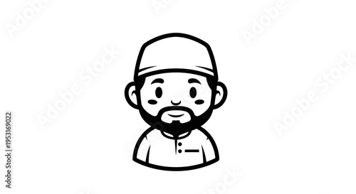 Cartoon man with cap and beard, black and white line art illustration
