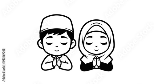 Black and white line art of Muslim children praying, Islamic culture