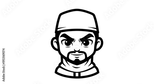 Black and White Line Art of a Muslim Man with a Beard and Kufi