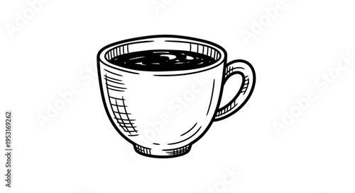 Black and White Line Art Coffee Cup Filled with Coffee