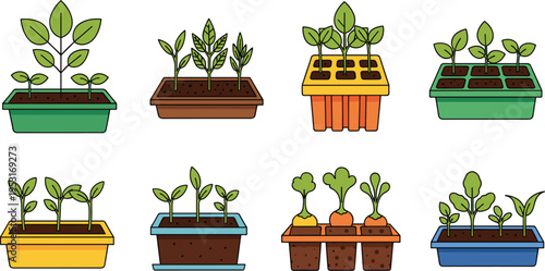 Seedling Tray and Plant Growing Flat Vector Icon Set Featuring Young Plants, Soil Containers, Sprouts, and Gardening Nursery Elements Isolated on White Background