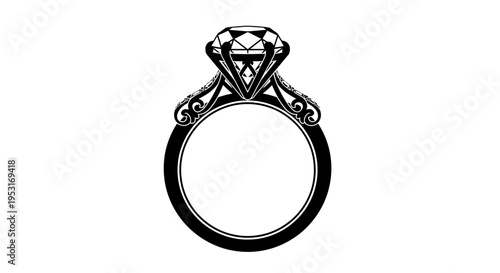 Black and White Diamond Engagement Ring Vector Art Icon