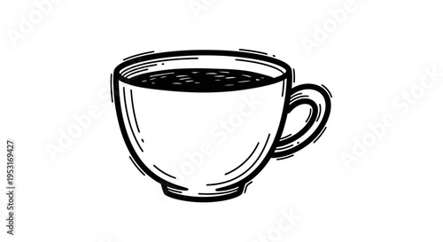 Black and White Line Art of a Coffee Cup with Dark Coffee